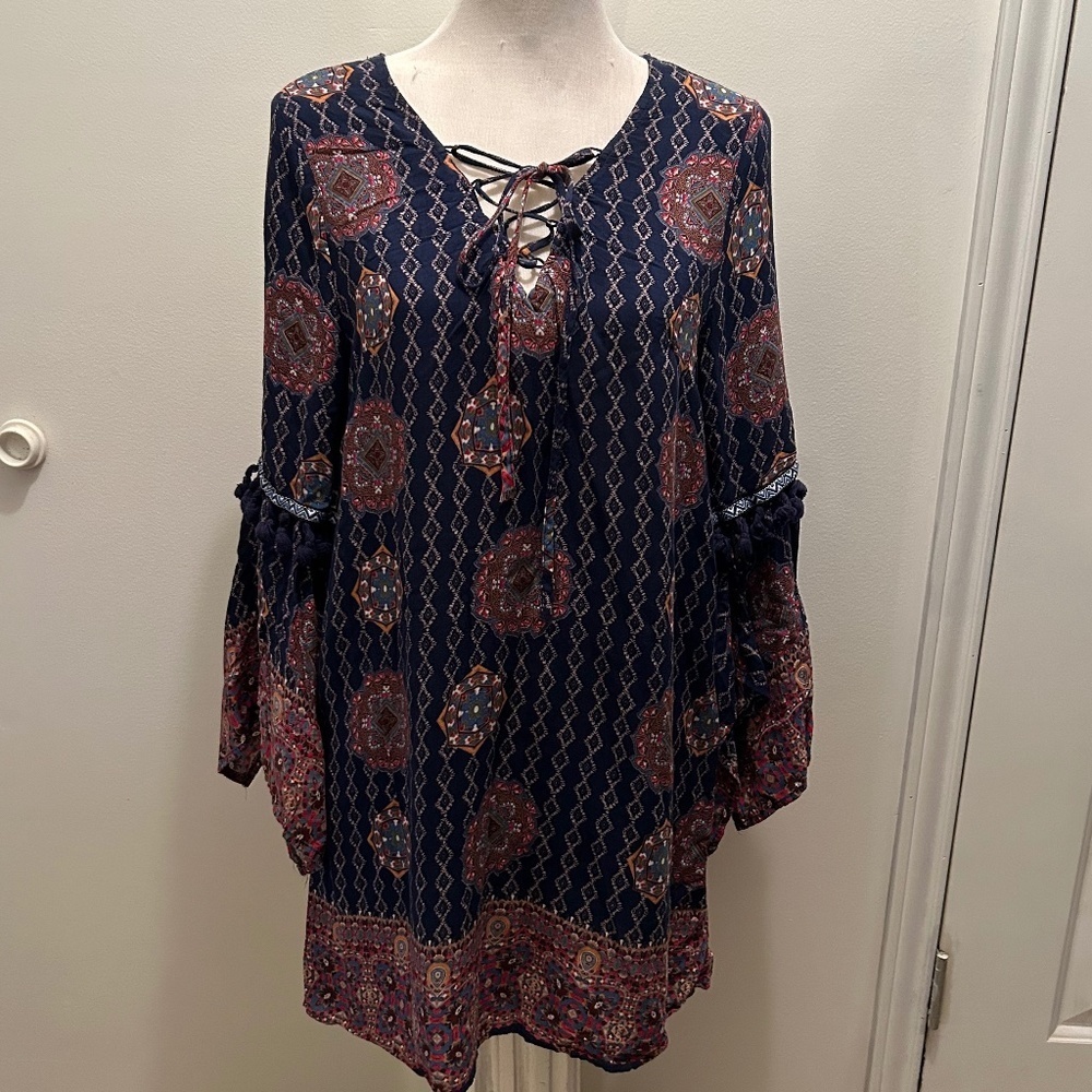 50%offw❤️ umgee FLORAL FLOWY LONG LOOSE FIT BELL SLEEVE Pom Pom DRESS M